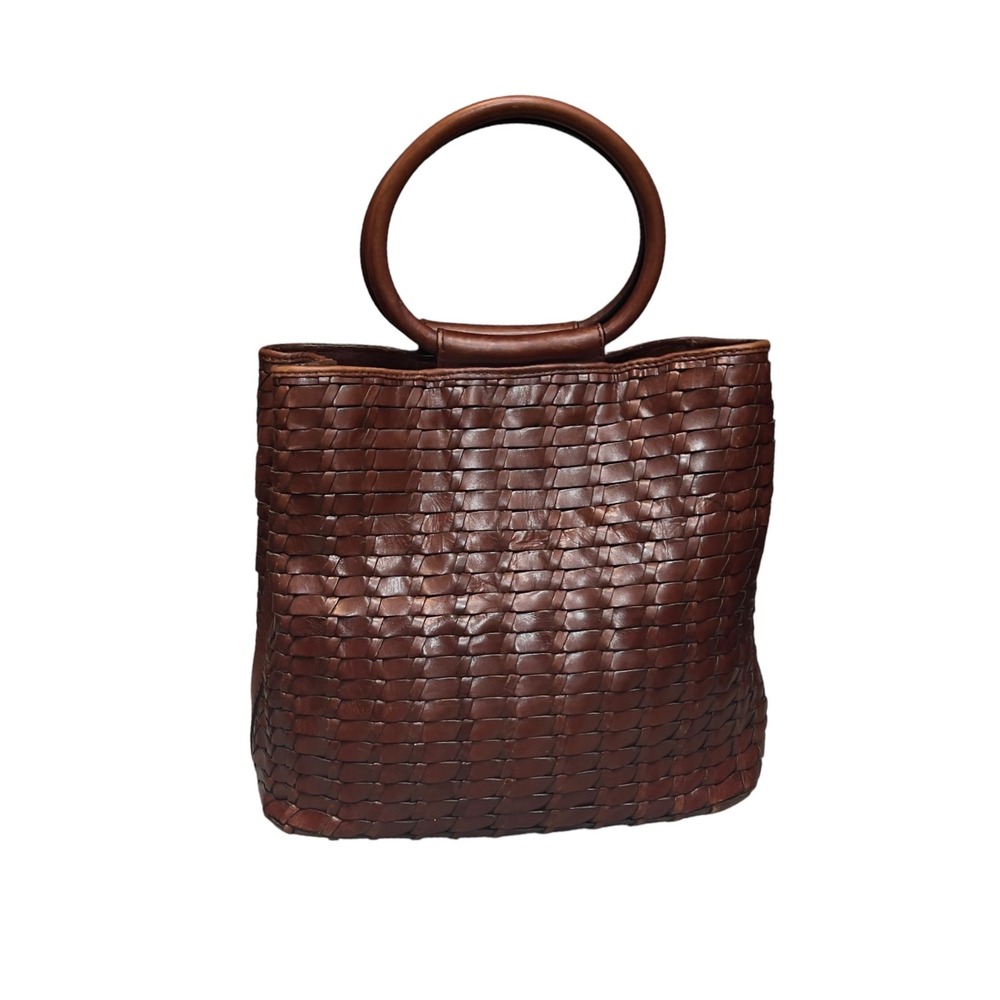 Fossil Woven Leather Bucket Bag Womens Cognac Brown Crossbody Vintage  #75082